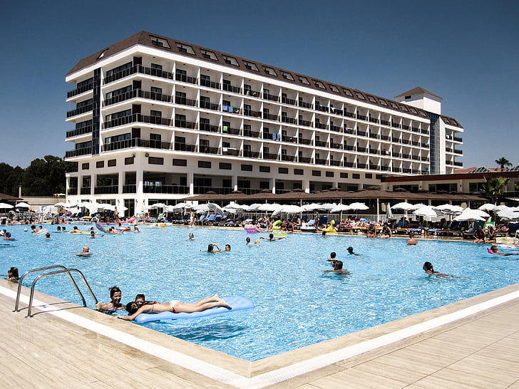 swimming pool, hotel, holiday, turkey, water, pool, sea