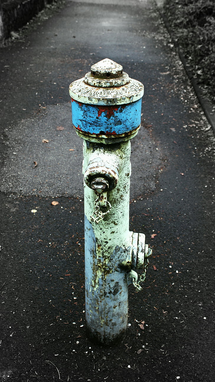 hydrantu, staré, modrá, zelená, město, voda, oheň