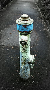 hydrant, old, blue, green, city, water, fire