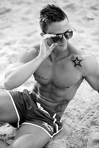 fitness, Plaża, człowiek, modelu, mięśnie, Latem, strój kąpielowy