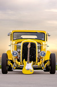 classic car, electric guitar, muscle car, old car, yellow, canary yellow, canary