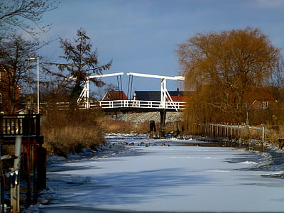 winter, river, old country, ice, ice floes, bridge, building