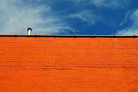 ladrillo, pared, cielo, azul, pared de ladrillo, textura, edificio