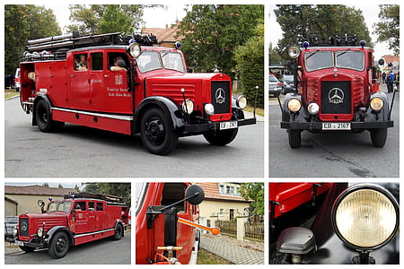 collage, fire, fire truck, historically, oldtimer, mercedes benz, compilation