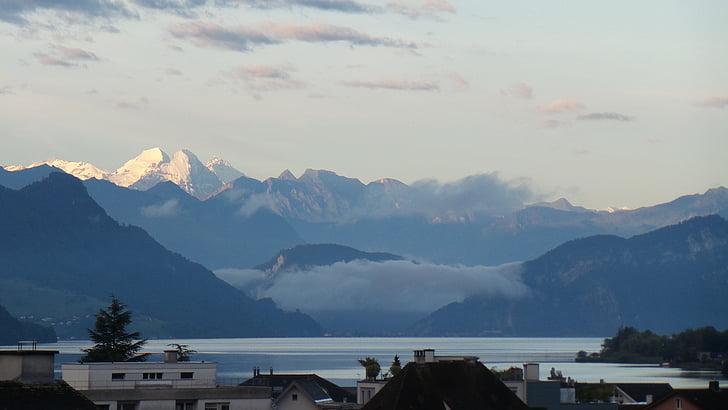 mountains, lake, sky