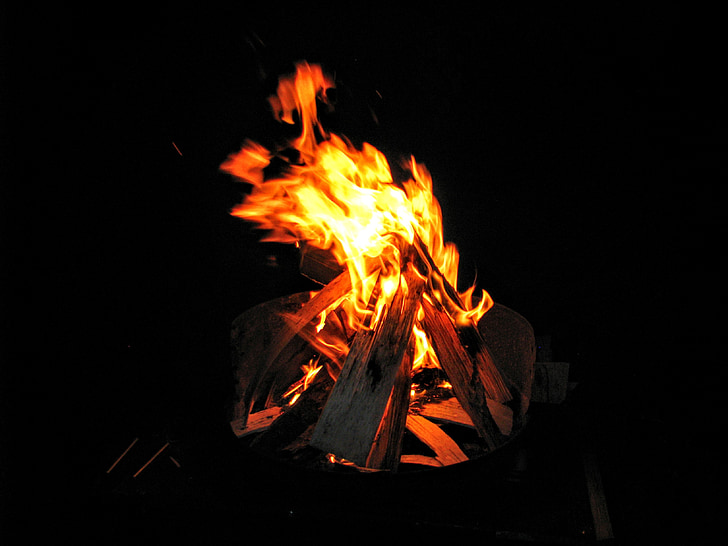 foc, un brot de, nit, la flama, resplendor, fusta, groc