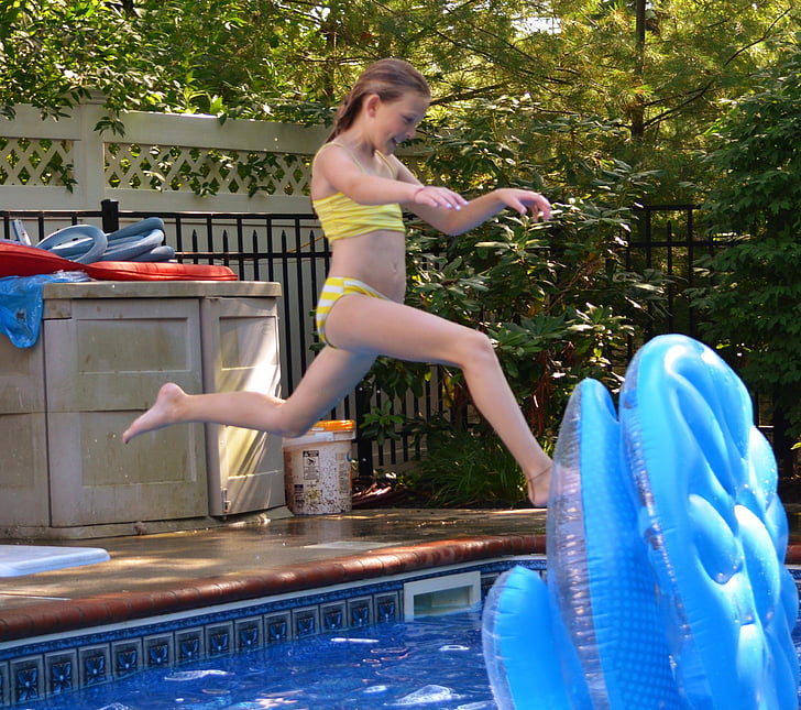 plavecký bazén, skok, Děvče, dítě, bazén, plavání, voda