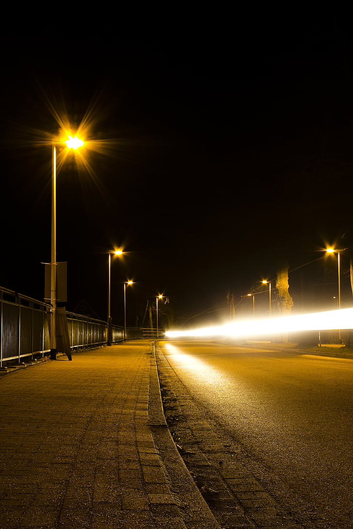 улицата през нощта, път, светлина през нощта, лъч светлина, нощ, продължително излагане, мост