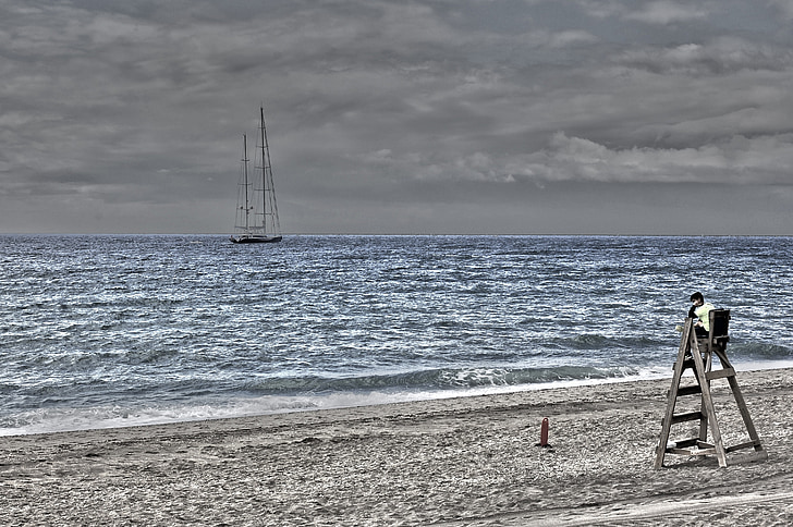 beach, watchman, life guard, guard booth, sea, sand, boat