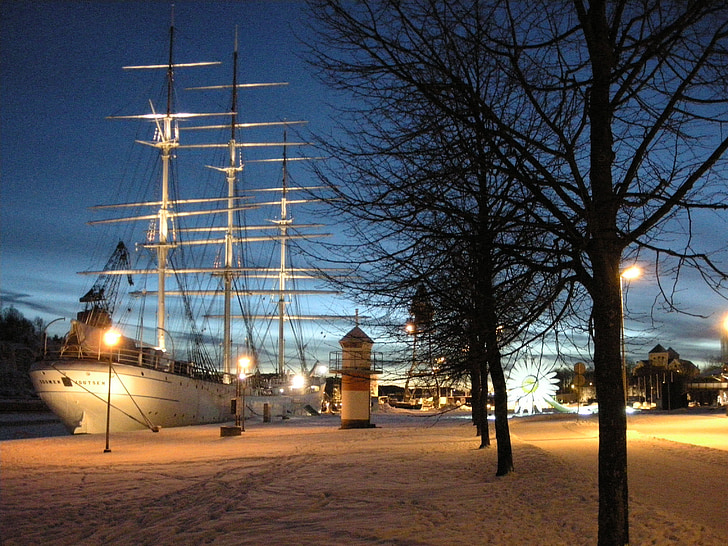 nave, Cisne de Finlândia, Turku, Finlandês, paisagem, à noite, Museu