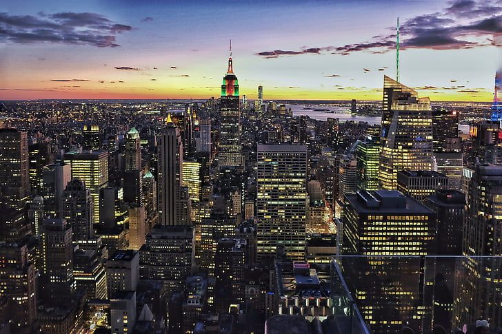 architettura, città, centro città, grattacieli, luci, Manhattan, New york