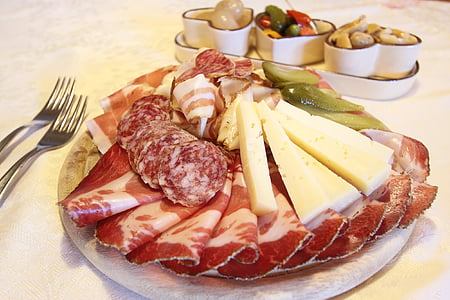 cold cuts, salami, speck, cheese, food, meat, meal