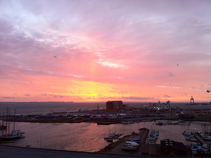 Harbor, Haven, Port, aamu, vesi, Sunset, Sunrise
