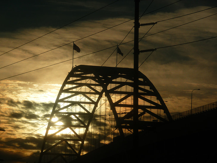 Puente de Fremont, puente, Portland, puesta de sol, sol, nubes, Crepúsculo