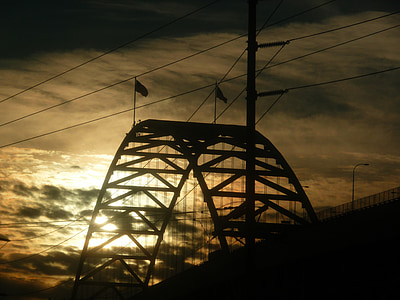 Fremont-bridge, Bridge, Portland, solnedgång, solen, moln, Twilight