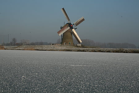 ice, mill, landscape, historic mill, netherlands, frozen landscape, turbine
