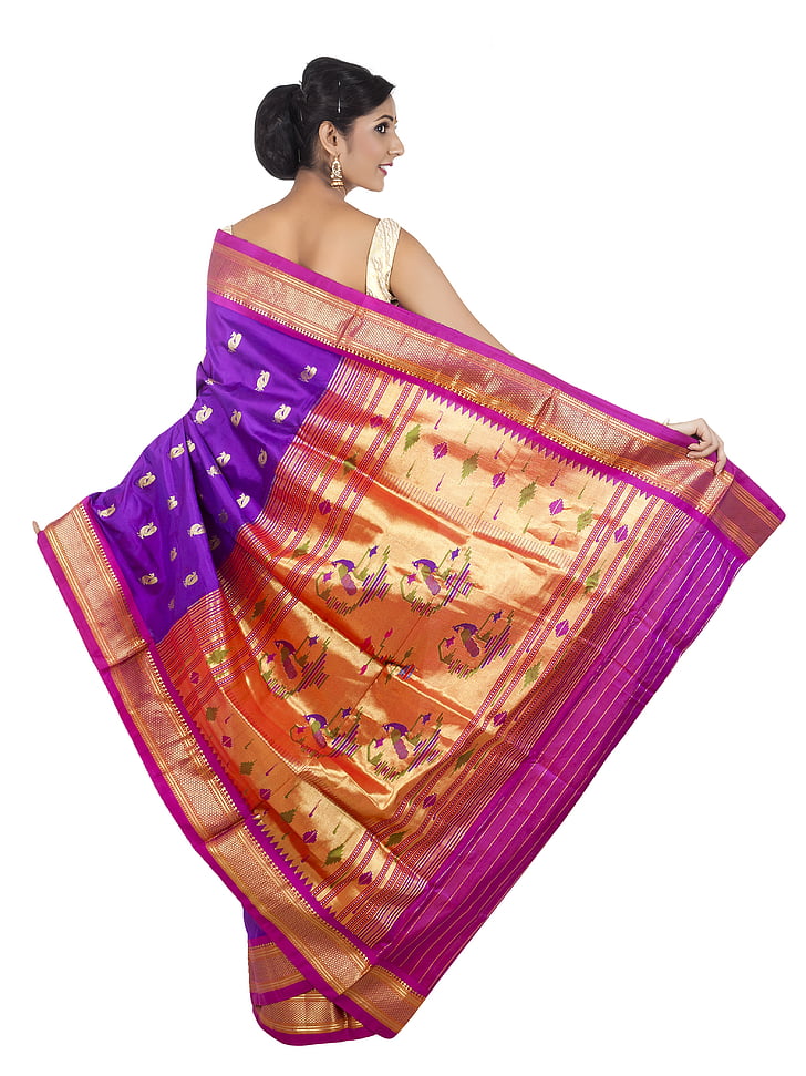 paithani saree, paithani silkki, Intialainen nainen, muoti, malli, perinteinen kangas, Hääsari