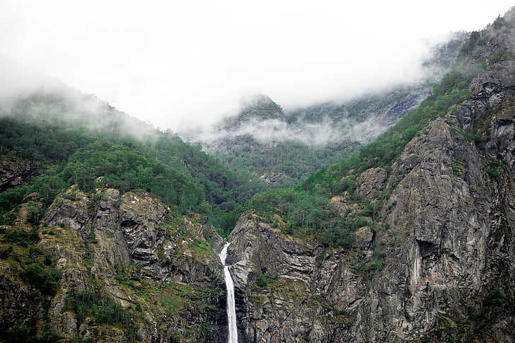 mountain, waterfall, top, peak, nature, landscape, cascade