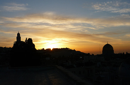 Jeruzsálem, Izrael, város, templom, hegyi, naplemente