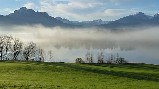 allgäu, lake forggensee, autumn, mist, tegelberg, säuling, branderschrofen