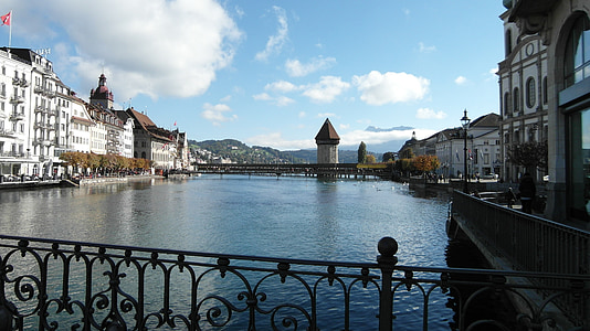 Lucern, Kappel most, Most, Vodárenská věž, Reuss, řeka, voda