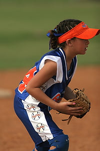 Softbol, jugador, femella, guant, gorra, uniforme, Ballpark