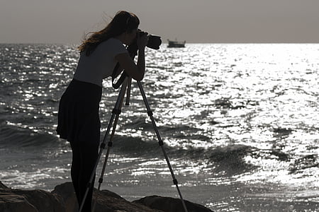 sea, shore, girl, photographer, camera, dslr, tripod