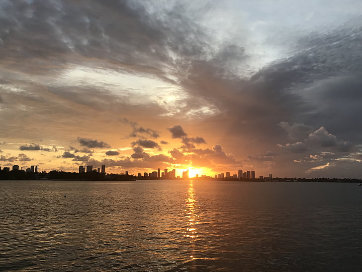 Miami, Brickell, Baía, pôr do sol, centro da cidade, cidade, Florida