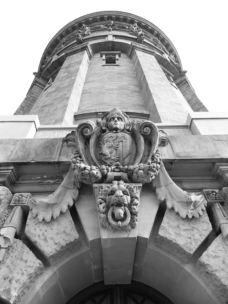 Wieża ciśnień, Architektura, budynek, Mannheim, czarno-białe