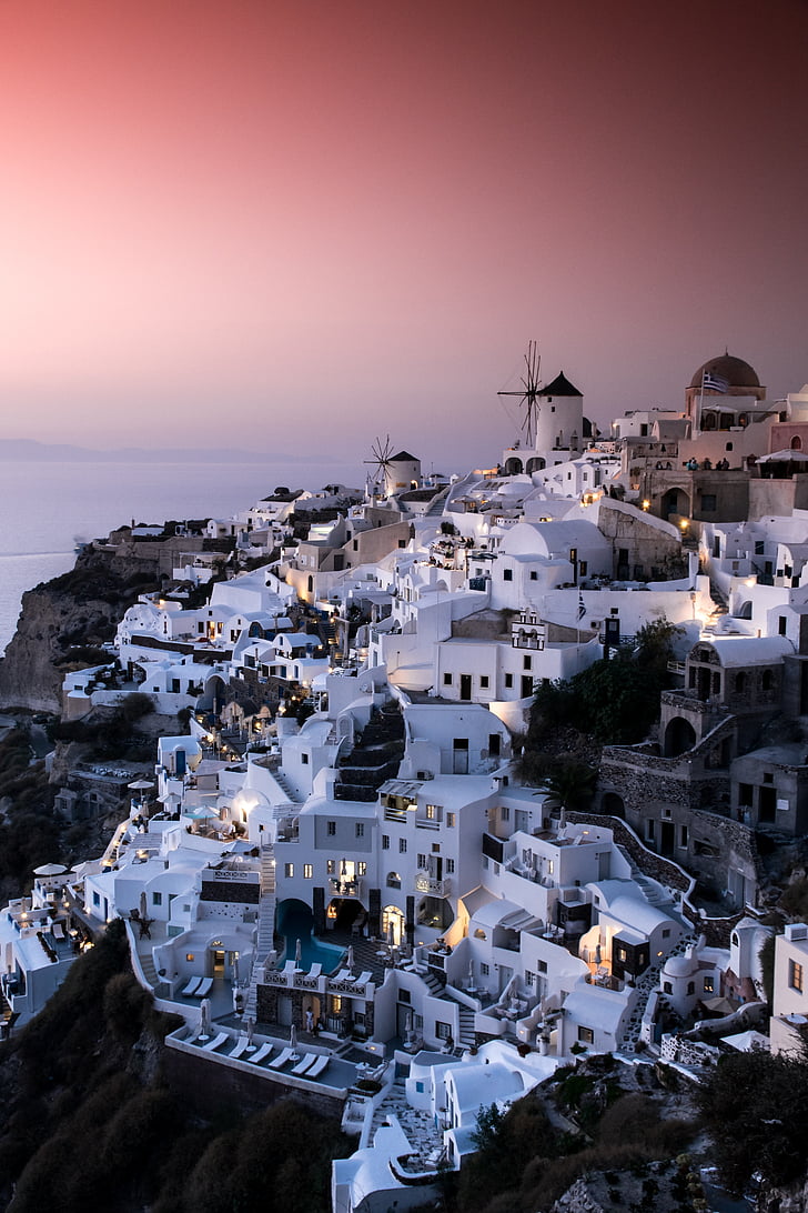 Grécko, Oia, more, Santorini, letné, domy, výhľadom na more