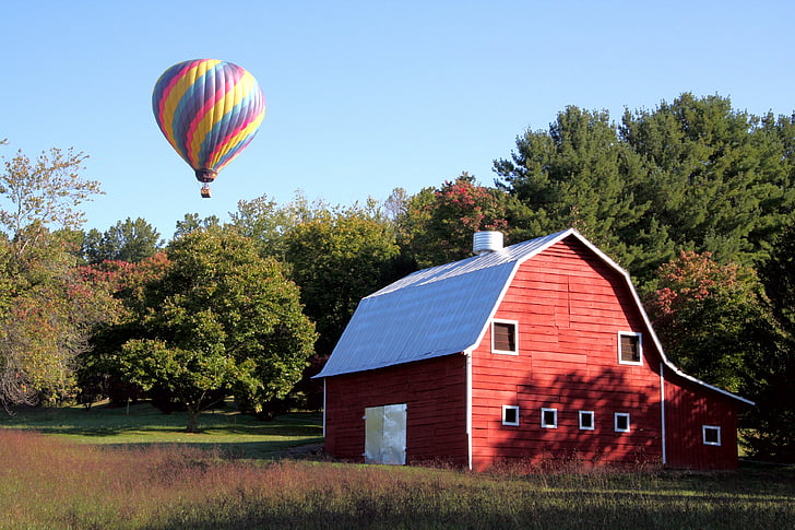 røde lade, luftballon, Asheville, NC, solopgang