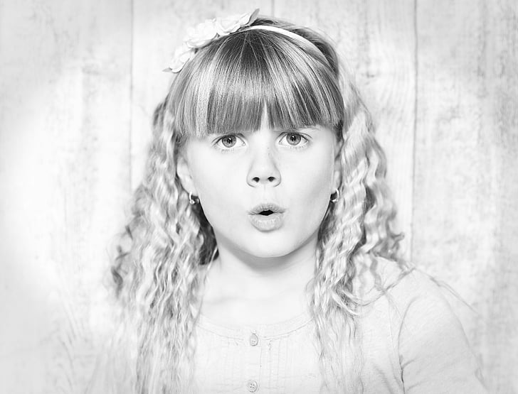 child, girl, face, expression, black and white recording