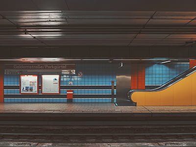 vietas, vilciens, stacija, metro, zila, oranža, dzeltena