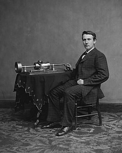 oppfinner, Thomas alva edison, stående, mann, 1878, phonograph, oppfinnelse