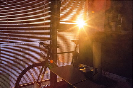 noir, montagne, vélo, à l’intérieur, bâtiment, coucher de soleil, lumière du soleil