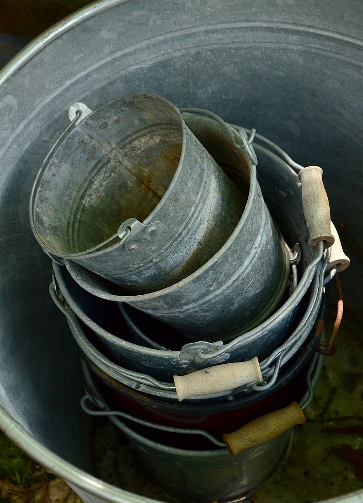 sheet, metal bucket, old, stack, vessels, garden, used