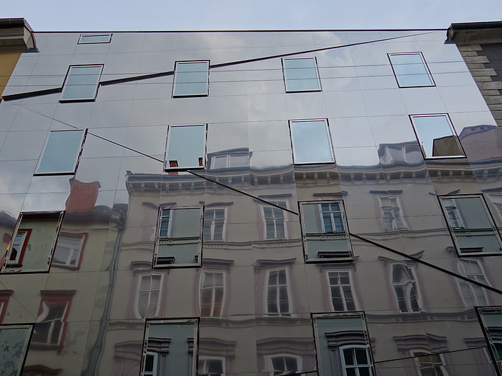 homlokzat, tükör, építészet, haza, elmélkedés, Graz