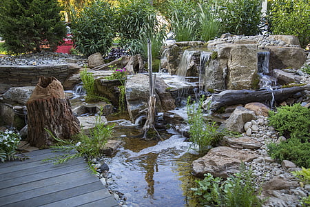 pondless slapova, Slapovi, dvorištu vodopad, vodene biljke, panjeva, prirodni, ribnjak