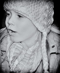 enfant, jeune fille, visage, Cap, hiver, enregistrement de noir et blanc