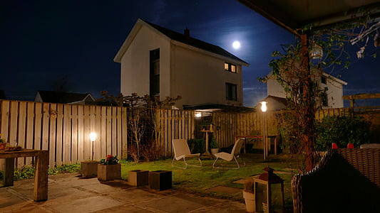 nit, fotografia, Països Baixos, Lluna, jardí, il·luminat, a l'exterior