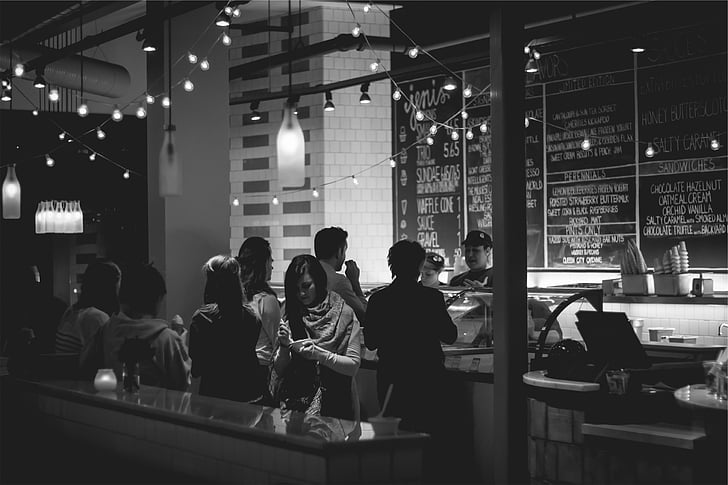 photo, people, standing, near, counter, restaurant, menu