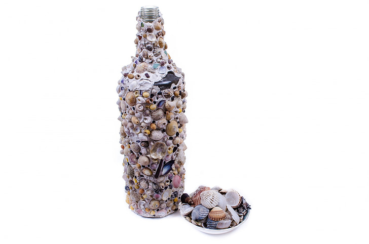bottle, seashells, shells, glass, art, sea, decoration