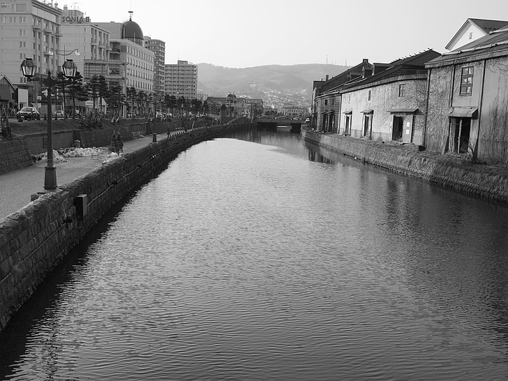 canal, canal de Otaru, blanc i negre, Japó, Hokkaido, Otaru, riu