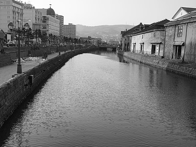 canal, Otaru canal, preto e branco, Japão, Hokkaido, Otaru, Rio