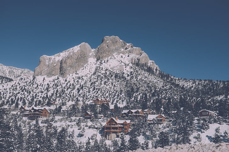snow, filled, mountain, range, wooden, cabin, photo