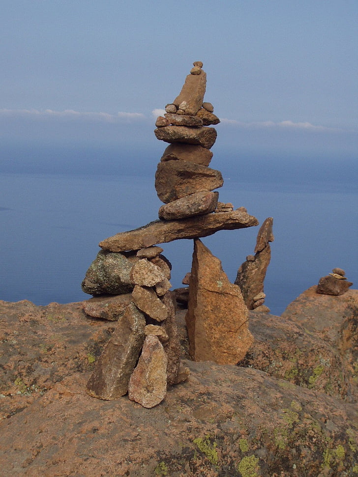 cairn, steinmann, stones, outlook, sea, corsica