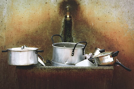 three, stainless, steel, cooking, pots, still, life