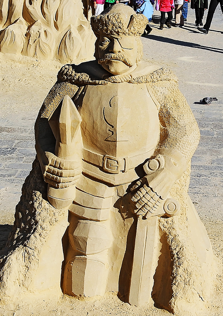 Statuia, nisip, malul mării, sculptura