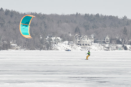 Wind surf, Lago, inverno, aquilone, cielo, kiteboard, aria