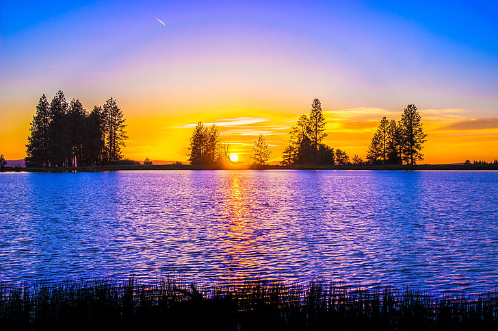 dusk, evening, lake, lakeside, sunrise, sunset, water